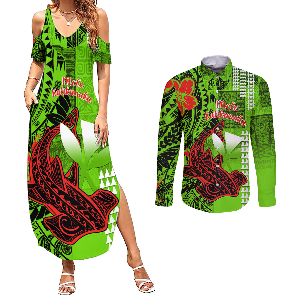 Personalised Hawaii Christmas Couples Matching Summer Maxi Dress and Long Sleeve Button Shirts Mele Kalikimaka Kakau Polynesian Shark Tattoo LT14 Green - Polynesian Pride