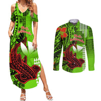 Personalised Hawaii Christmas Couples Matching Summer Maxi Dress and Long Sleeve Button Shirts Mele Kalikimaka Kakau Polynesian Shark Tattoo LT14 Green - Polynesian Pride