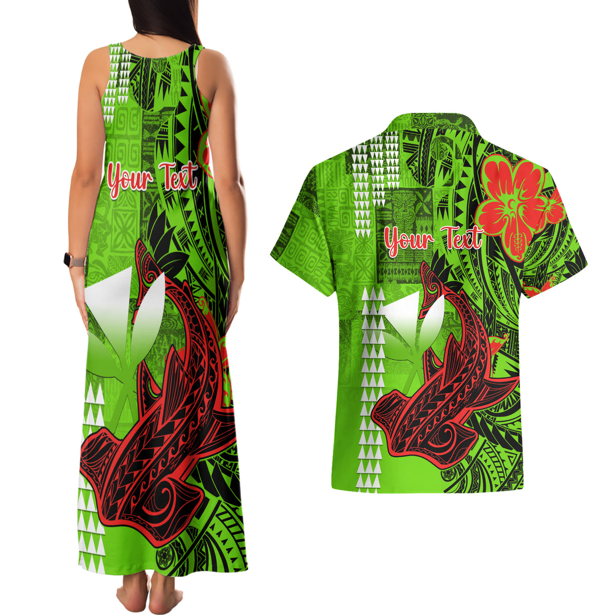 Personalised Hawaii Christmas Couples Matching Tank Maxi Dress and Hawaiian Shirt Mele Kalikimaka Kakau Polynesian Shark Tattoo LT14 - Polynesian Pride