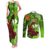 Personalised Hawaii Christmas Couples Matching Tank Maxi Dress and Long Sleeve Button Shirts Mele Kalikimaka Kakau Polynesian Shark Tattoo LT14 Green - Polynesian Pride