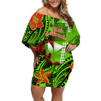 Personalised Hawaii Christmas Family Matching Off Shoulder Short Dress and Hawaiian Shirt Mele Kalikimaka Kakau Polynesian Shark Tattoo LT14 Mom's Dress Green - Polynesian Pride