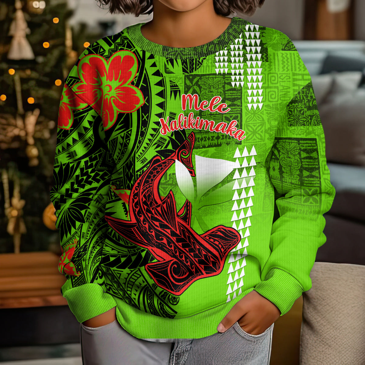 Personalised Hawaii Christmas Kid Ugly Christmas Sweater Mele Kalikimaka Kakau Polynesian Shark Tattoo LT14 - Polynesian Pride
