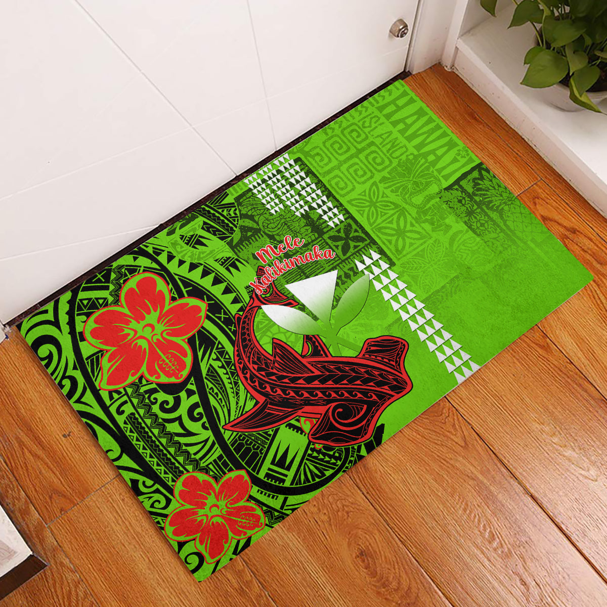 Personalised Hawaii Christmas Rubber Doormat Mele Kalikimaka Kakau Polynesian Shark Tattoo LT14 Green - Polynesian Pride