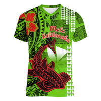 Personalised Hawaii Christmas Women V Neck T Shirt Mele Kalikimaka Kakau Polynesian Shark Tattoo LT14 Female Green - Polynesian Pride