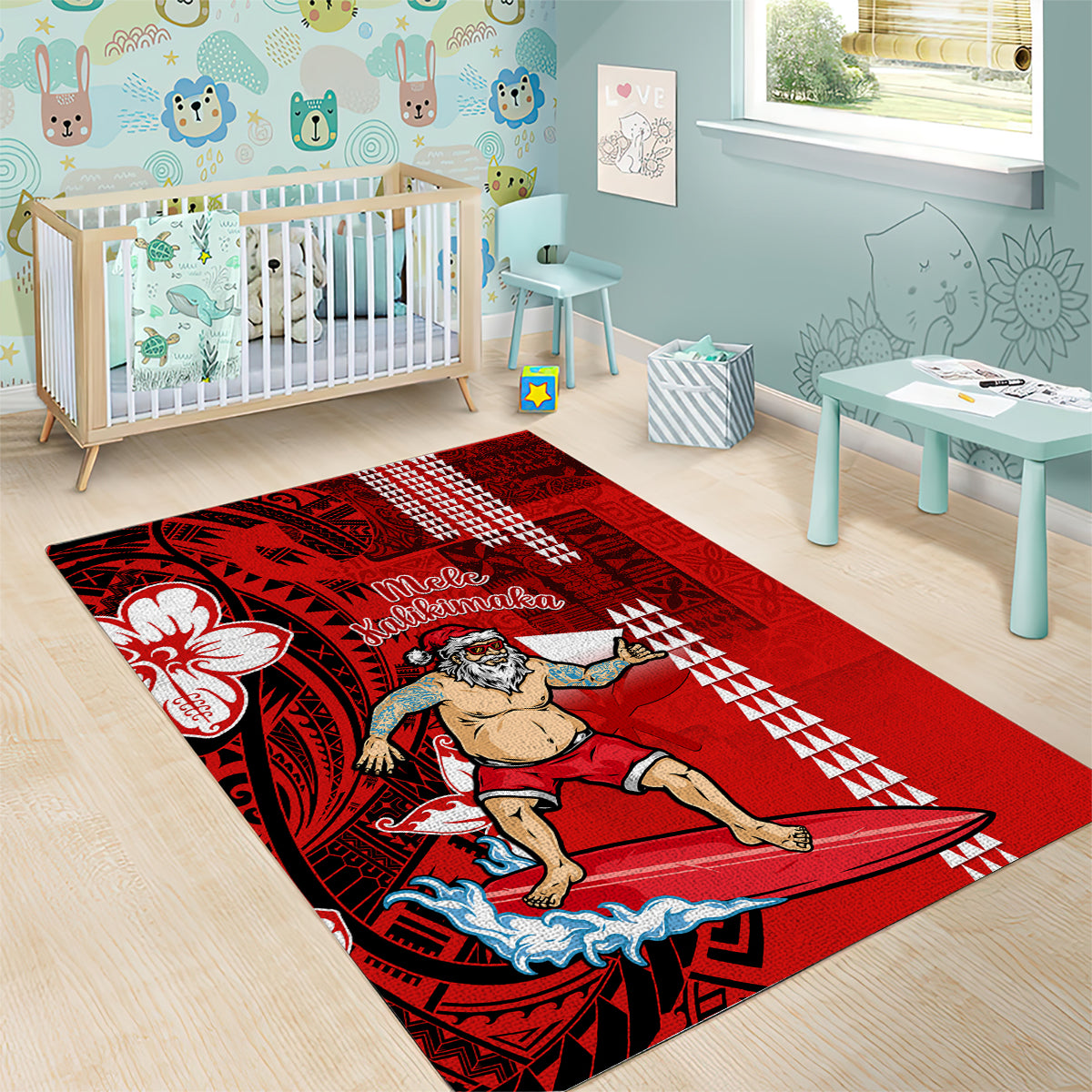 Personalised Hawaii Christmas Area Rug Mele Kalikimaka Surfing Santa Claus LT14 - Polynesian Pride