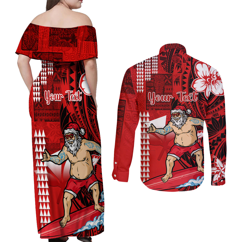Personalised Hawaii Christmas Couples Matching Off Shoulder Maxi Dress and Long Sleeve Button Shirts Mele Kalikimaka Surfing Santa Claus LT14 - Polynesian Pride
