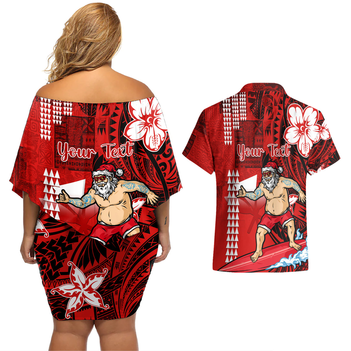 Personalised Hawaii Christmas Couples Matching Off Shoulder Short Dress and Hawaiian Shirt Mele Kalikimaka Surfing Santa Claus LT14 - Polynesian Pride