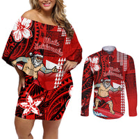 Personalised Hawaii Christmas Couples Matching Off Shoulder Short Dress and Long Sleeve Button Shirts Mele Kalikimaka Surfing Santa Claus LT14 Red - Polynesian Pride