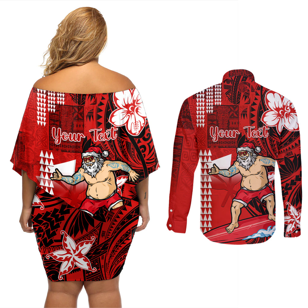 Personalised Hawaii Christmas Couples Matching Off Shoulder Short Dress and Long Sleeve Button Shirts Mele Kalikimaka Surfing Santa Claus LT14 - Polynesian Pride