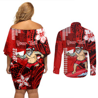 Personalised Hawaii Christmas Couples Matching Off Shoulder Short Dress and Long Sleeve Button Shirts Mele Kalikimaka Surfing Santa Claus LT14 - Polynesian Pride