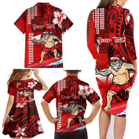 Personalised Hawaii Christmas Family Matching Long Sleeve Bodycon Dress and Hawaiian Shirt Mele Kalikimaka Surfing Santa Claus LT14 - Polynesian Pride