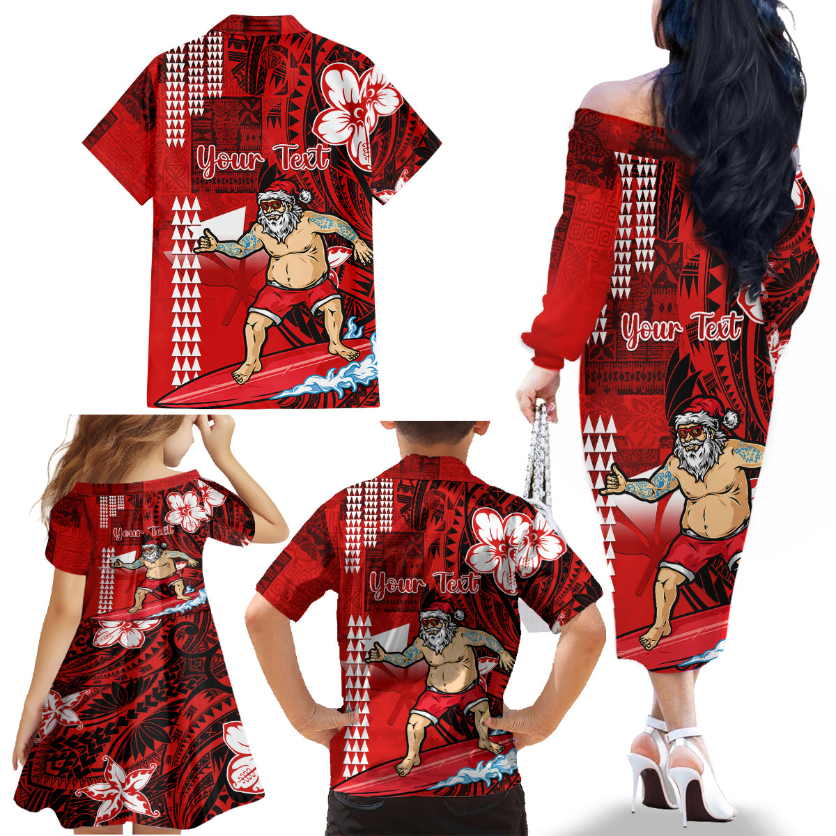 Personalised Hawaii Christmas Family Matching Off Shoulder Long Sleeve Dress and Hawaiian Shirt Mele Kalikimaka Surfing Santa Claus LT14 - Polynesian Pride