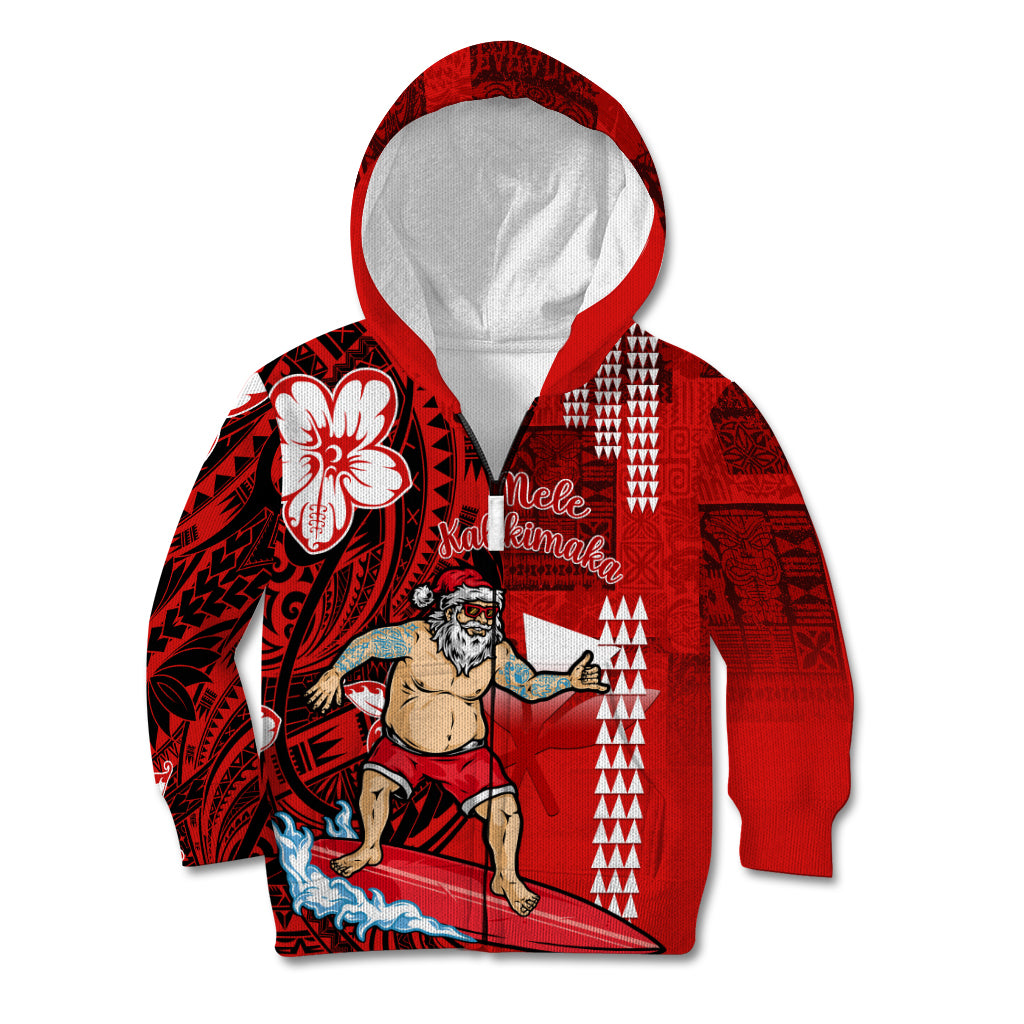 Personalised Hawaii Christmas Kid Hoodie Mele Kalikimaka Surfing Santa Claus LT14 Zip Hoodie Red - Polynesian Pride