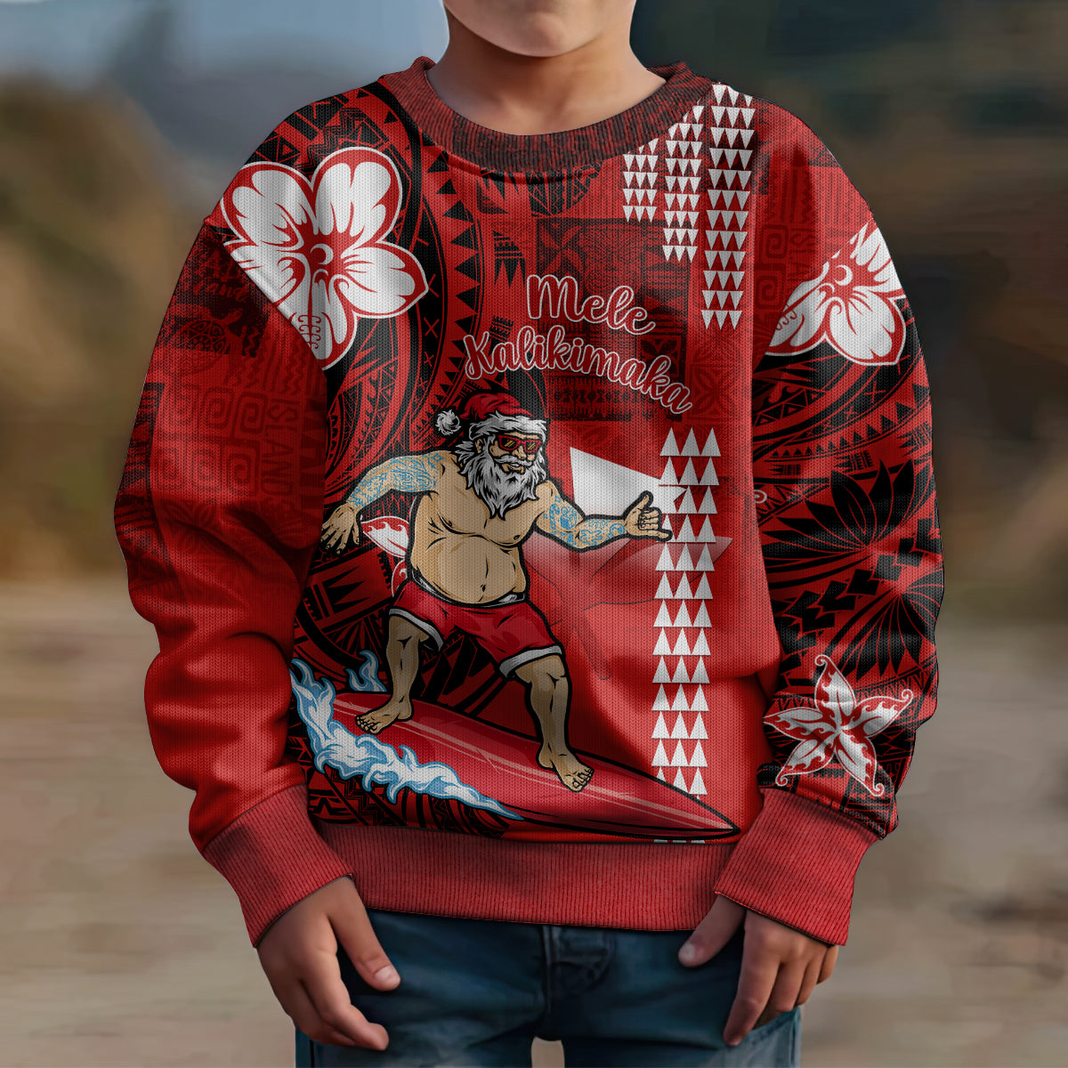 Personalised Hawaii Christmas Kid Ugly Christmas Sweater Mele Kalikimaka Surfing Santa Claus LT14 - Polynesian Pride
