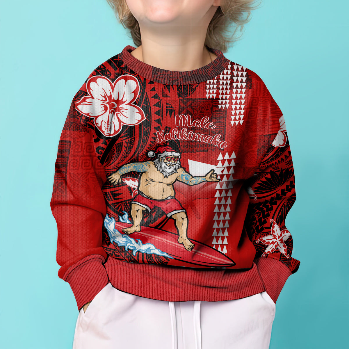 Personalised Hawaii Christmas Kid Ugly Christmas Sweater Mele Kalikimaka Surfing Santa Claus LT14 - Polynesian Pride