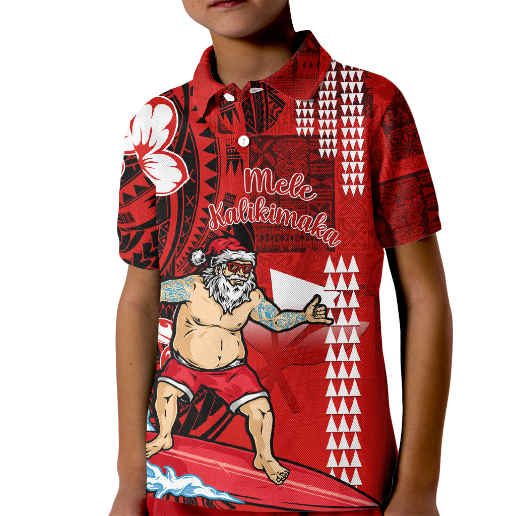 Personalised Hawaii Christmas Kid Polo Shirt Mele Kalikimaka Surfing Santa Claus LT14 Kid Red - Polynesian Pride