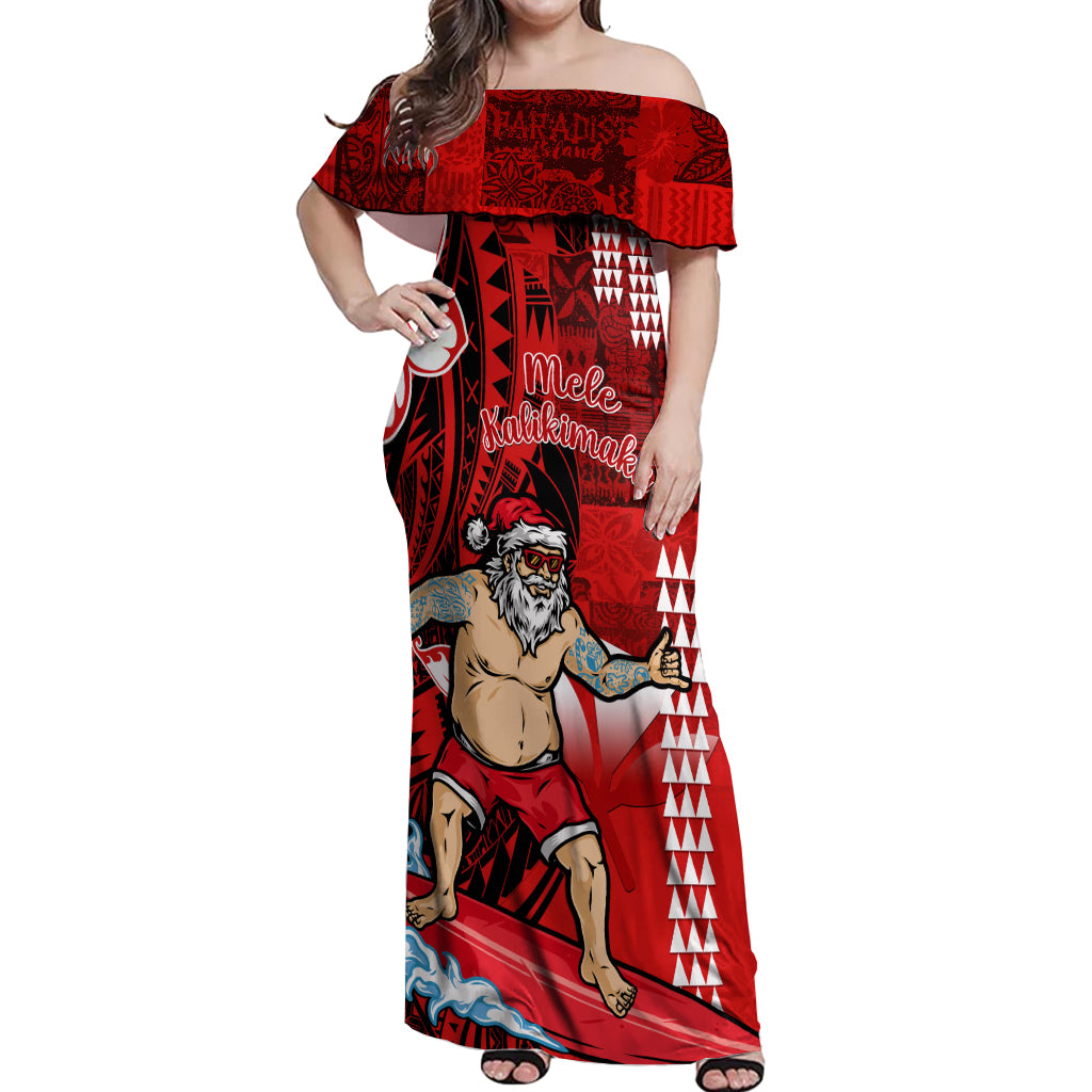 Personalised Hawaii Christmas Off Shoulder Maxi Dress Mele Kalikimaka Surfing Santa Claus LT14 Women Red - Polynesian Pride