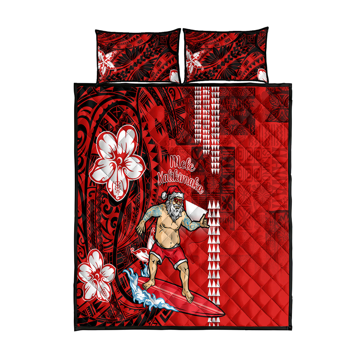 Personalised Hawaii Christmas Quilt Bed Set Mele Kalikimaka Surfing Santa Claus LT14 Red - Polynesian Pride