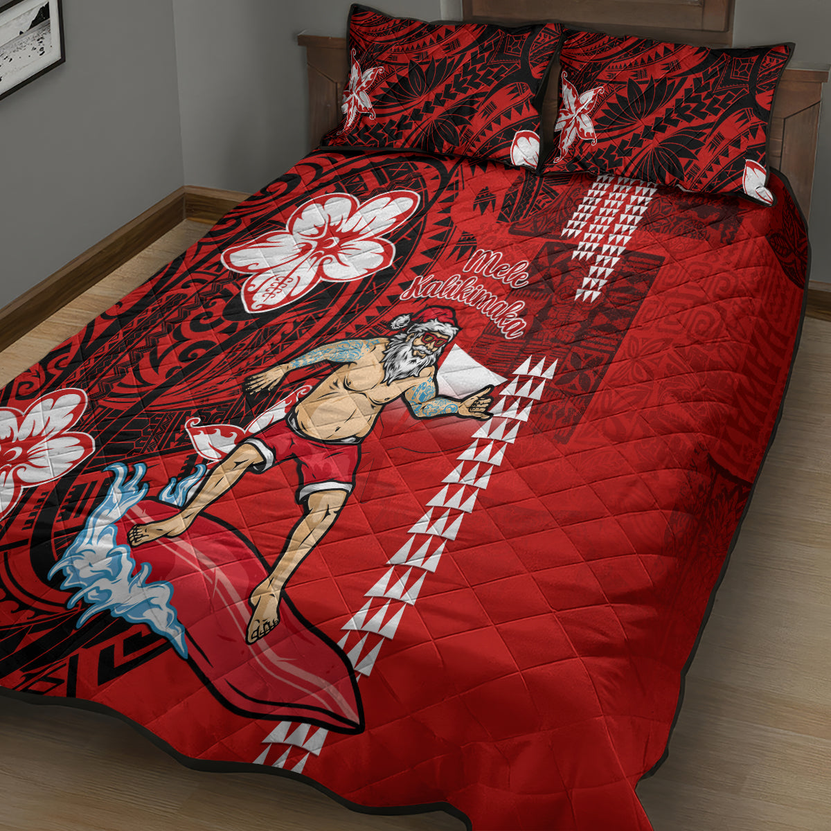 Personalised Hawaii Christmas Quilt Bed Set Mele Kalikimaka Surfing Santa Claus LT14 - Polynesian Pride