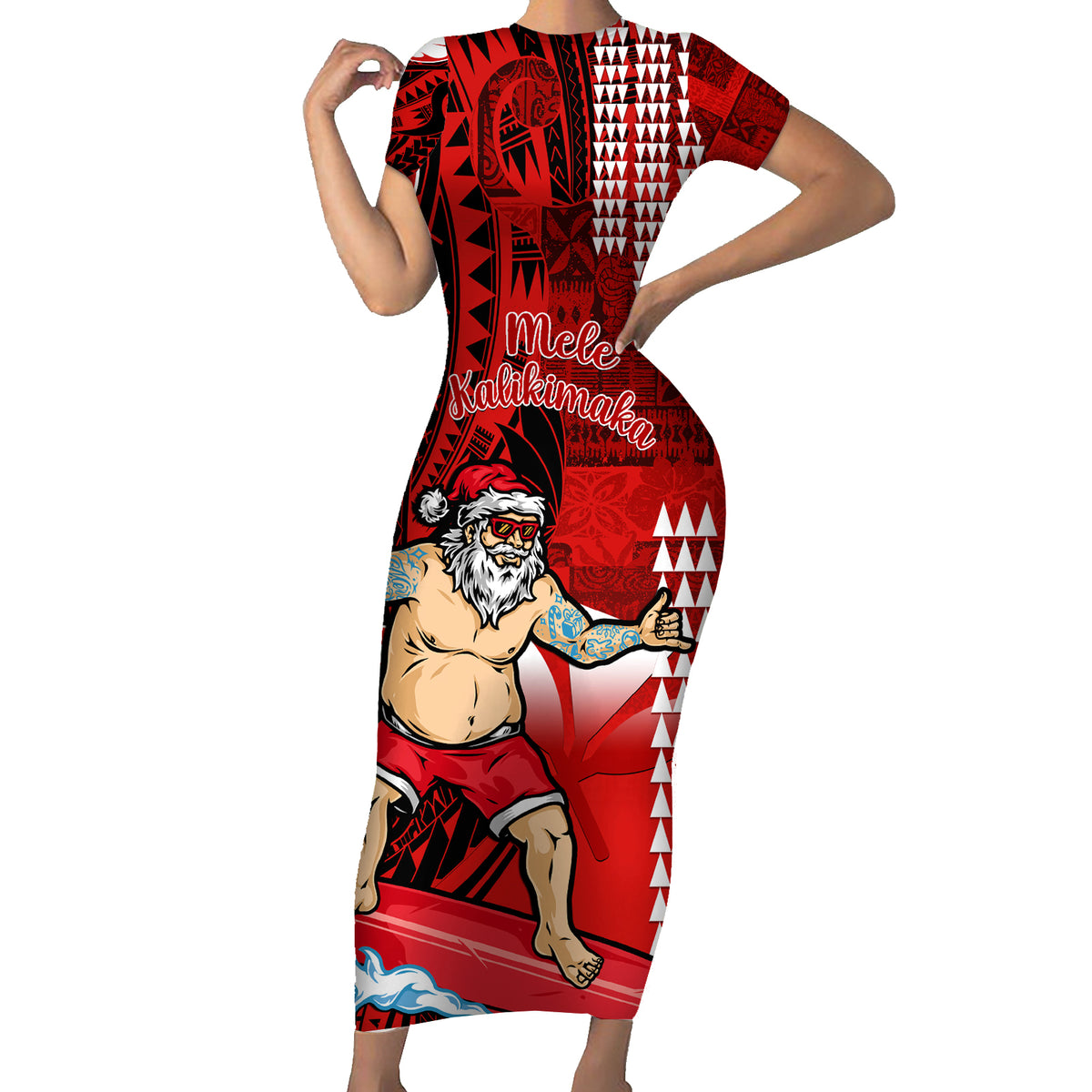 Personalised Hawaii Christmas Short Sleeve Bodycon Dress Mele Kalikimaka Surfing Santa Claus LT14 Long Dress Red - Polynesian Pride