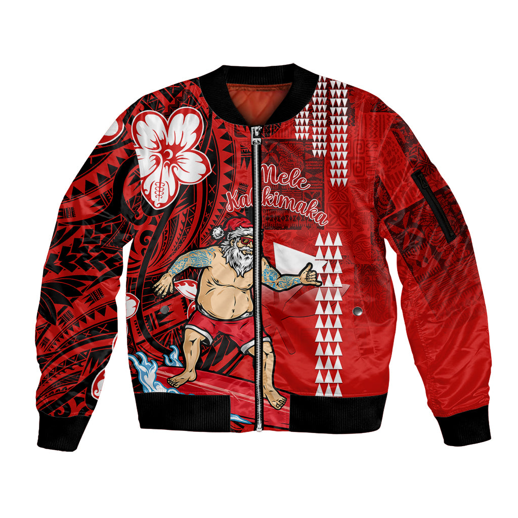 Personalised Hawaii Christmas Sleeve Zip Bomber Jacket Mele Kalikimaka Surfing Santa Claus LT14 Unisex Red - Polynesian Pride