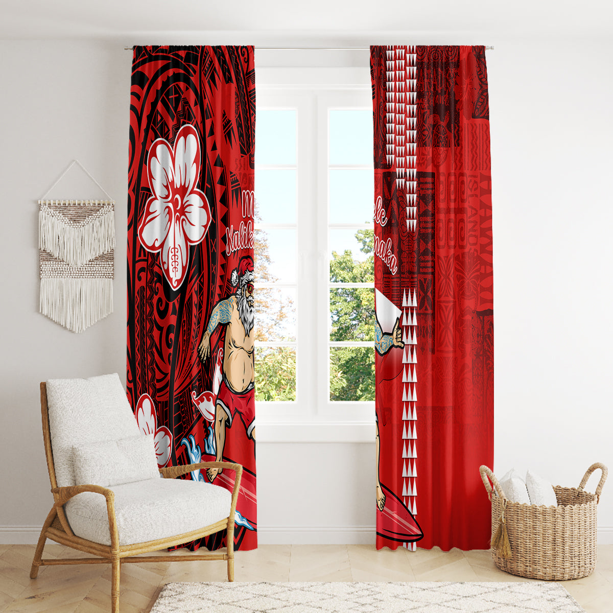 Personalised Hawaii Christmas Window Curtain Mele Kalikimaka Surfing Santa Claus LT14 - Polynesian Pride