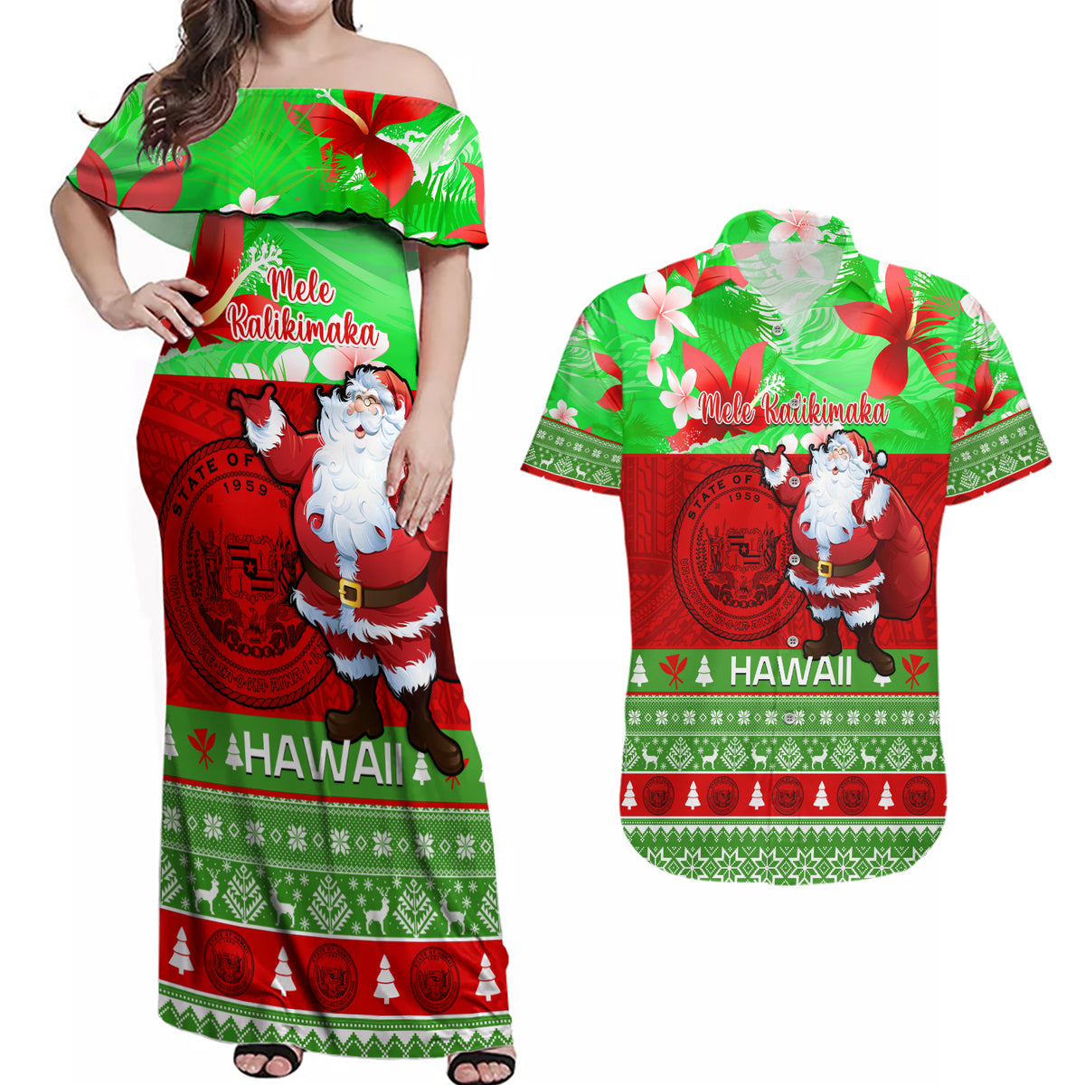 Personalised Hawaii Christmas Couples Matching Off Shoulder Maxi Dress and Hawaiian Shirt Mele Kalikimaka Hawaiian Santa Tropical Vibes LT14 Red - Polynesian Pride