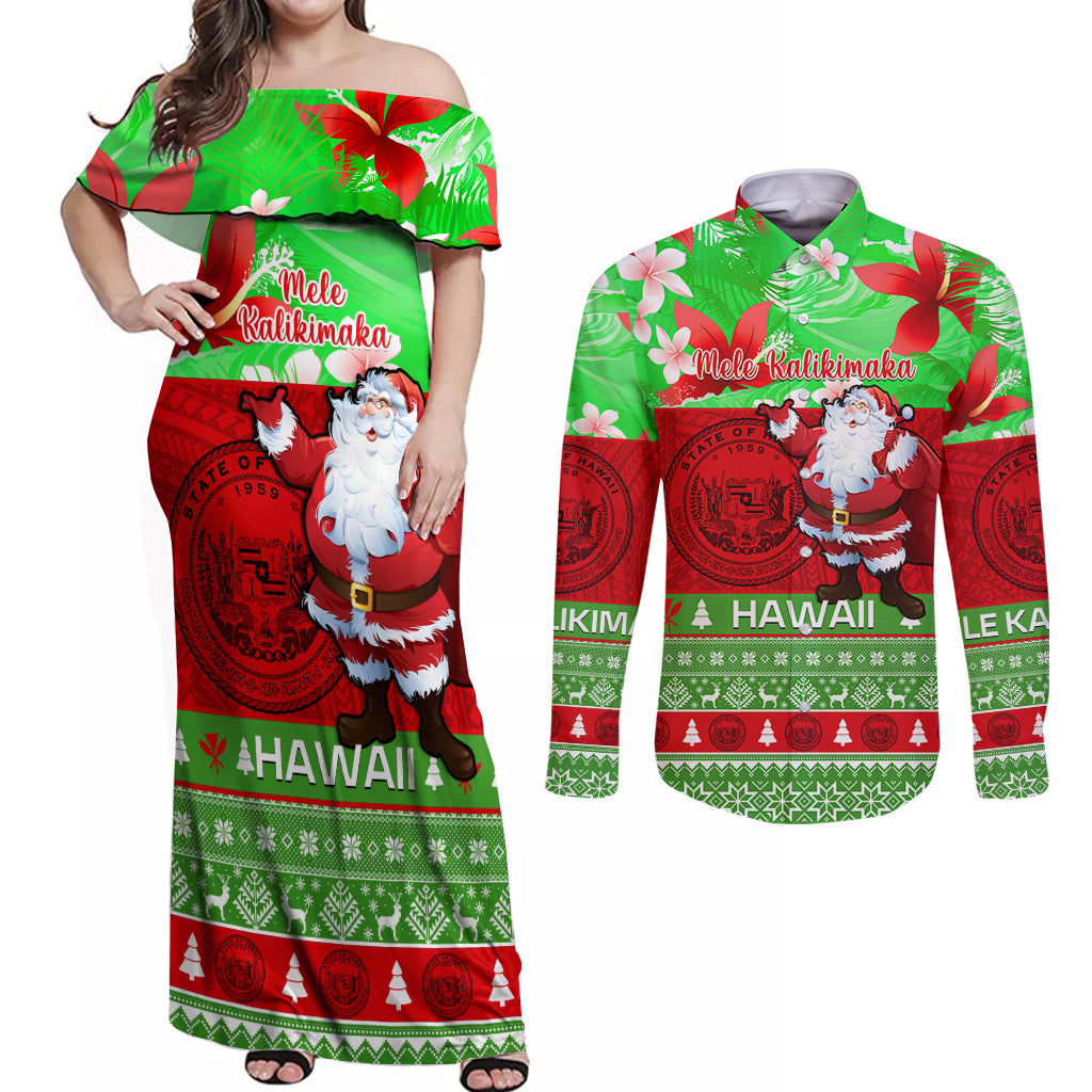 Personalised Hawaii Christmas Couples Matching Off Shoulder Maxi Dress and Long Sleeve Button Shirts Mele Kalikimaka Hawaiian Santa Tropical Vibes LT14 Red - Polynesian Pride
