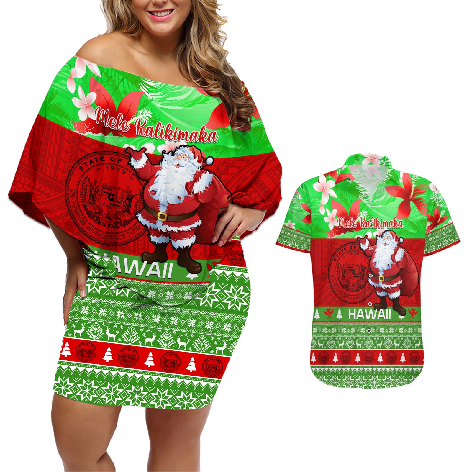 Personalised Hawaii Christmas Couples Matching Off Shoulder Short Dress and Hawaiian Shirt Mele Kalikimaka Hawaiian Santa Tropical Vibes LT14 Red - Polynesian Pride