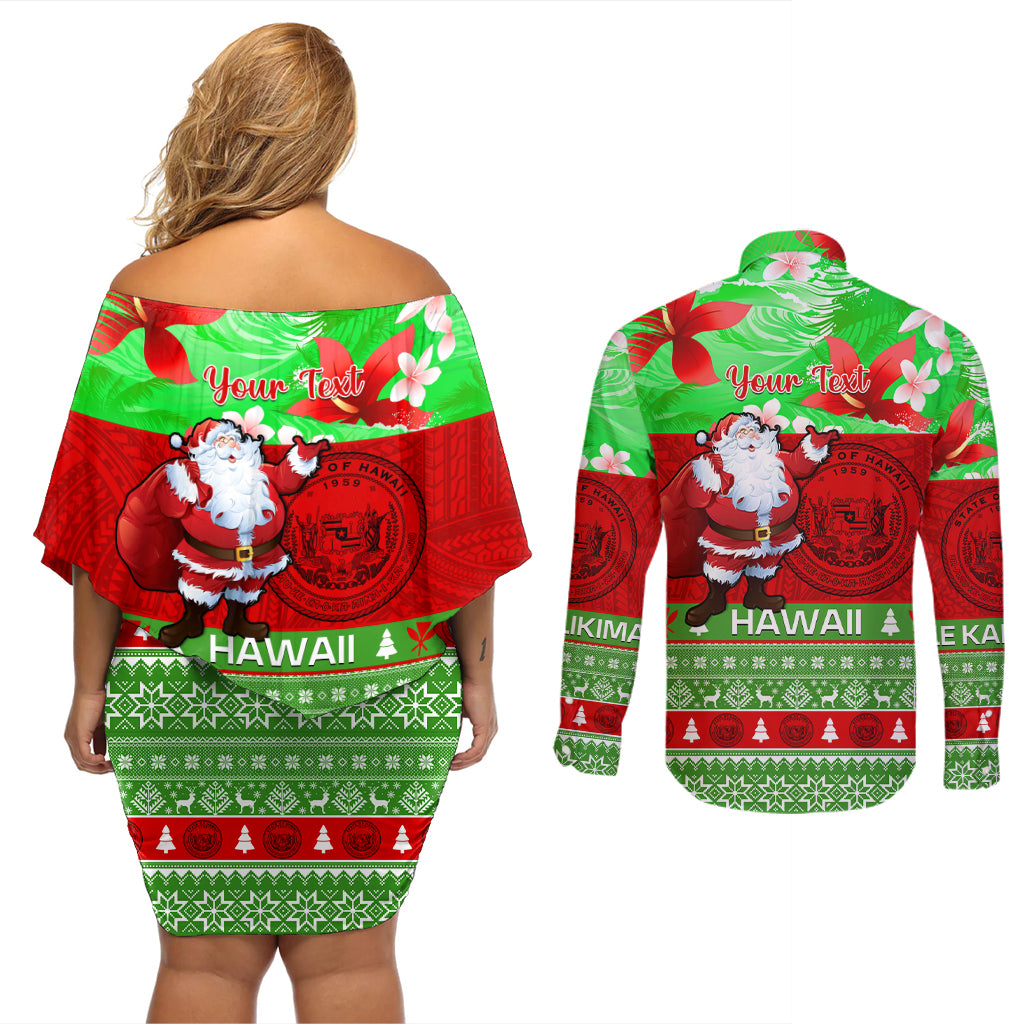 Personalised Hawaii Christmas Couples Matching Off Shoulder Short Dress and Long Sleeve Button Shirts Mele Kalikimaka Hawaiian Santa Tropical Vibes LT14 - Polynesian Pride
