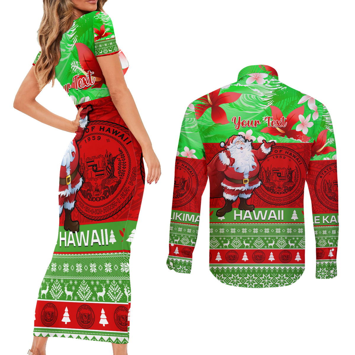 Personalised Hawaii Christmas Couples Matching Short Sleeve Bodycon Dress and Long Sleeve Button Shirts Mele Kalikimaka Hawaiian Santa Tropical Vibes LT14 - Polynesian Pride