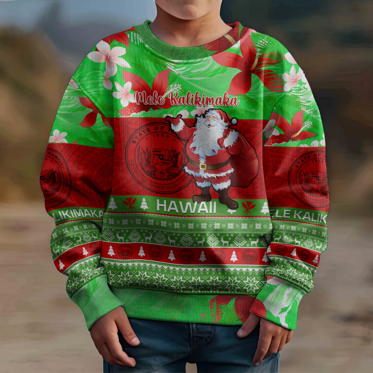 Personalised Hawaii Christmas Kid Ugly Christmas Sweater Mele Kalikimaka Hawaiian Santa Tropical Vibes LT14 - Polynesian Pride