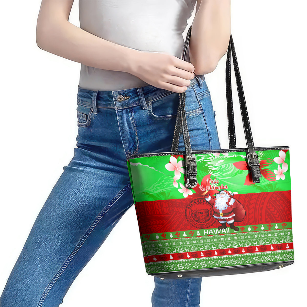Personalised Hawaii Christmas Leather Tote Bag Mele Kalikimaka Hawaiian Santa Tropical Vibes LT14 - Polynesian Pride