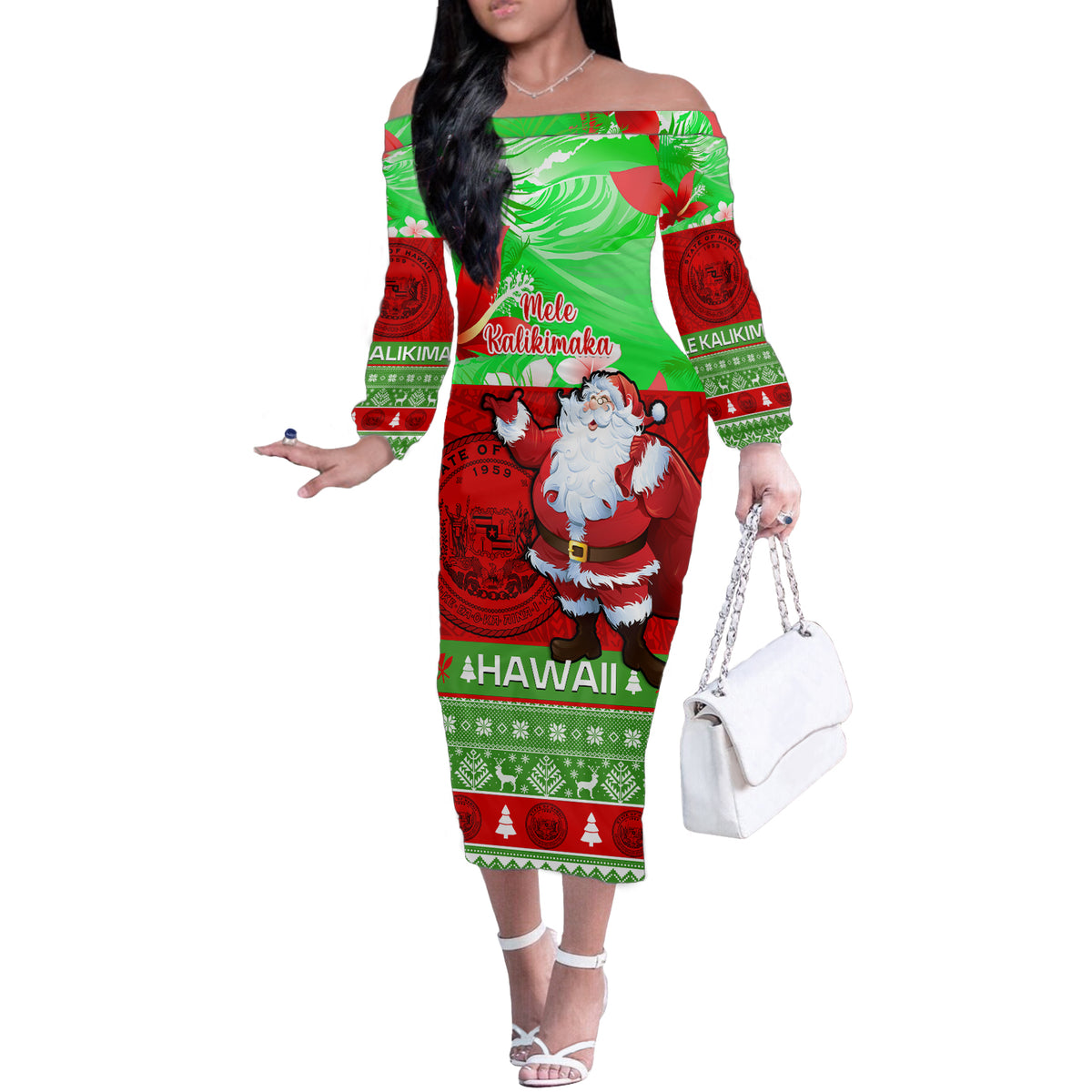 hawaiian christmas dress Personalised Hawaii Christmas Off The Shoulder Long Sleeve Dress Mele