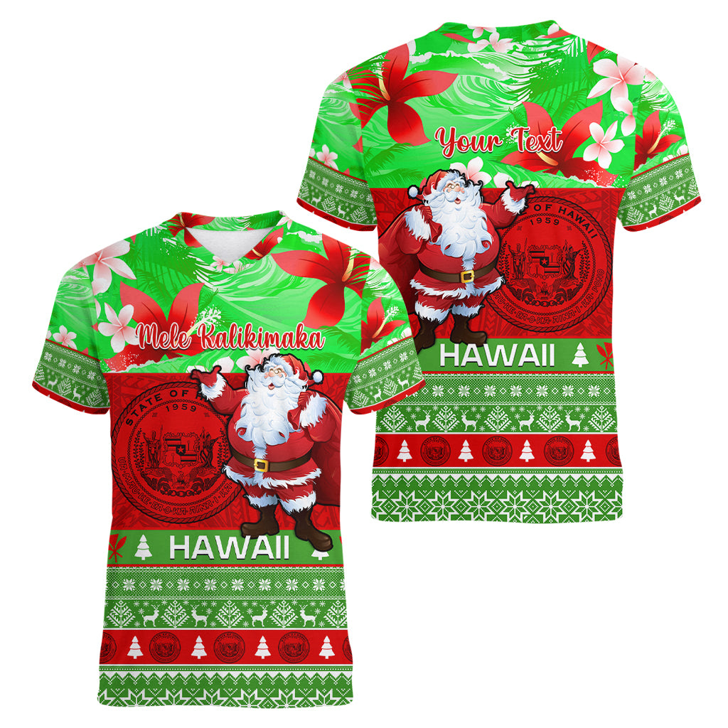 Personalised Hawaii Christmas Women V Neck T Shirt Mele Kalikimaka Hawaiian Santa Tropical Vibes LT14 - Polynesian Pride
