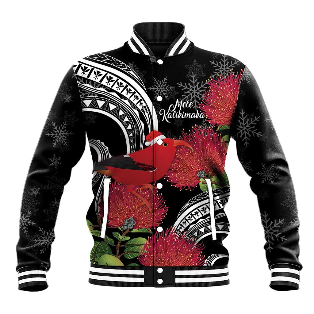 Personalized Mele Kalikimaka Hawaii Baseball Jacket I'iwi Bird With Ohia Lehua - Black Color LT14 Unisex Black - Polynesian Pride