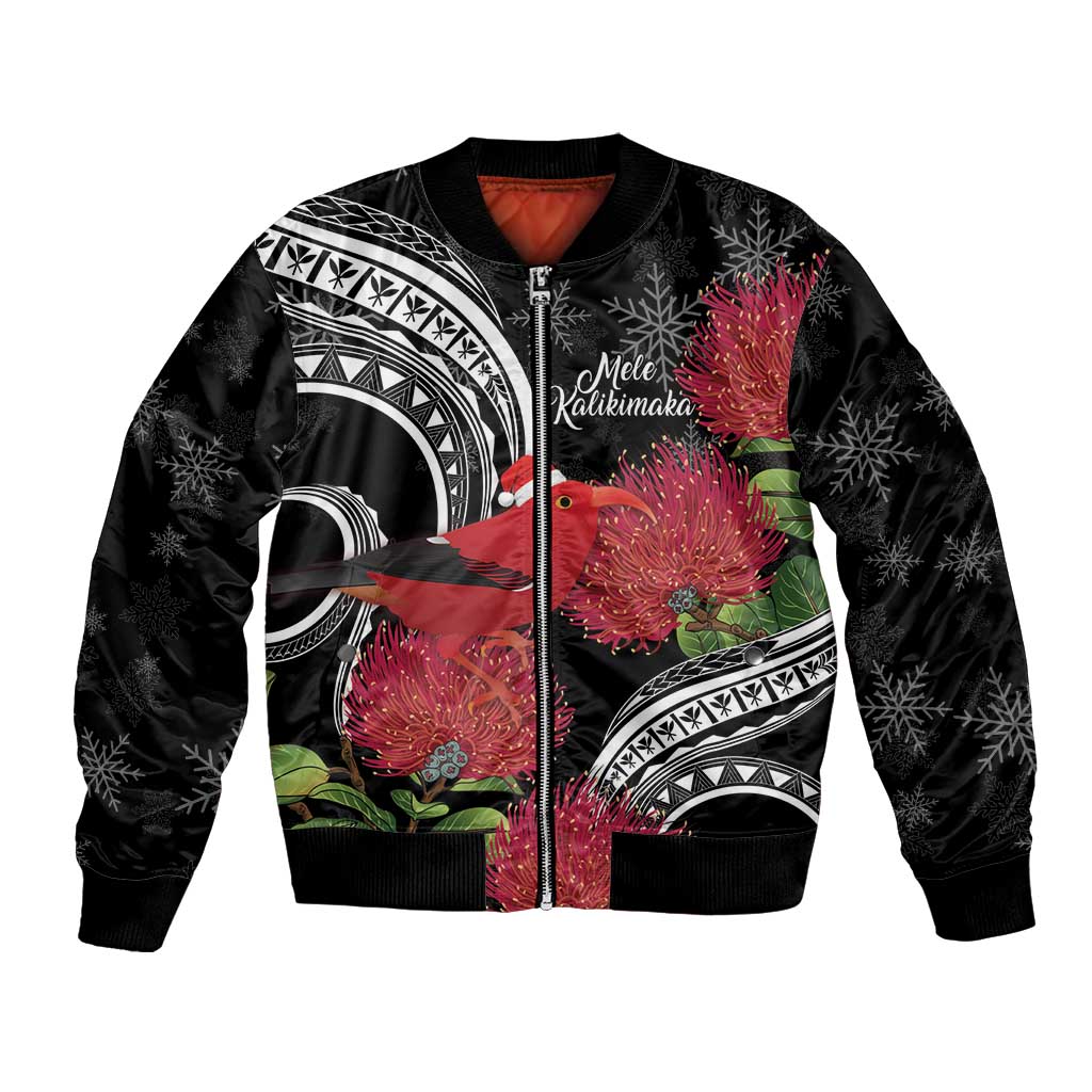 Personalized Mele Kalikimaka Hawaii Bomber Jacket I'iwi Bird With Ohia Lehua - Black Color LT14 Unisex Black - Polynesian Pride
