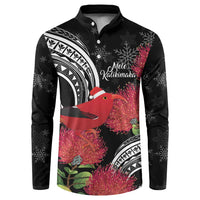 Personalized Mele Kalikimaka Hawaii Button Sweatshirt I'iwi Bird With Ohia Lehua - Black Color LT14 Black - Polynesian Pride