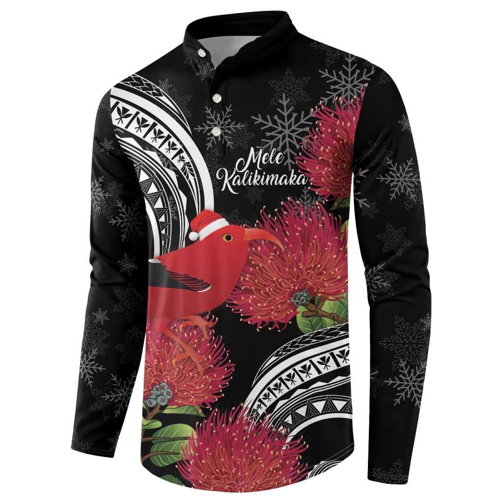 Personalized Mele Kalikimaka Hawaii Button Sweatshirt I'iwi Bird With Ohia Lehua - Black Color LT14 - Polynesian Pride