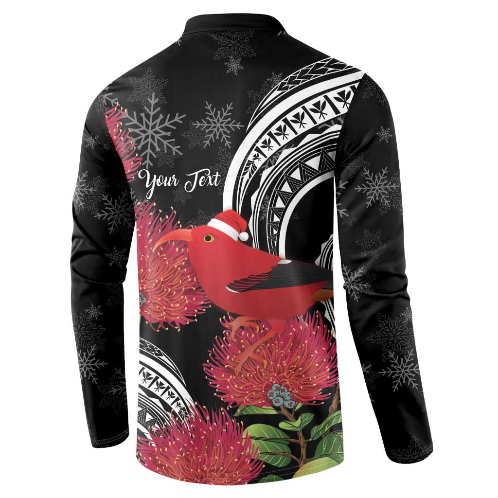 Personalized Mele Kalikimaka Hawaii Button Sweatshirt I'iwi Bird With Ohia Lehua - Black Color LT14 - Polynesian Pride