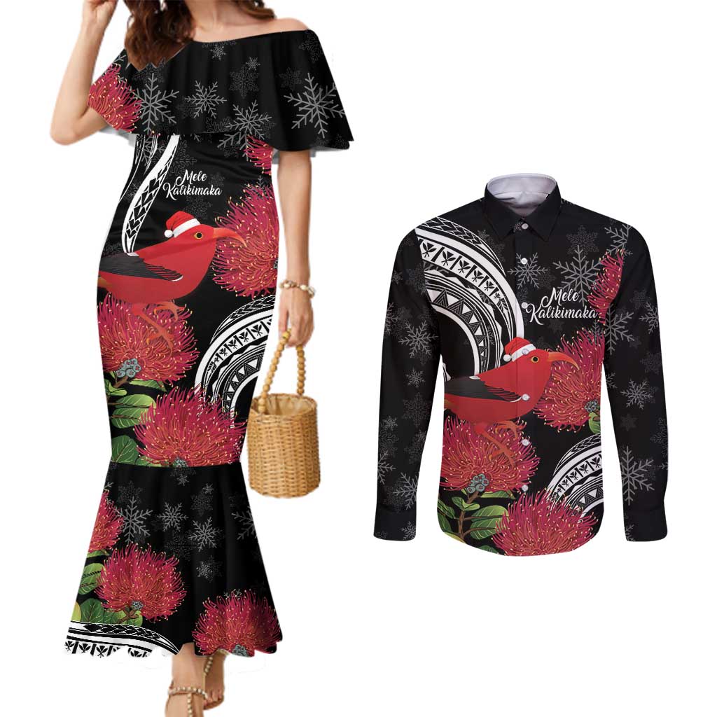 Personalized Mele Kalikimaka Hawaii Couples Matching Mermaid Dress and Long Sleeve Button Shirt I'iwi Bird With Ohia Lehua - Black Color LT14 Black - Polynesian Pride