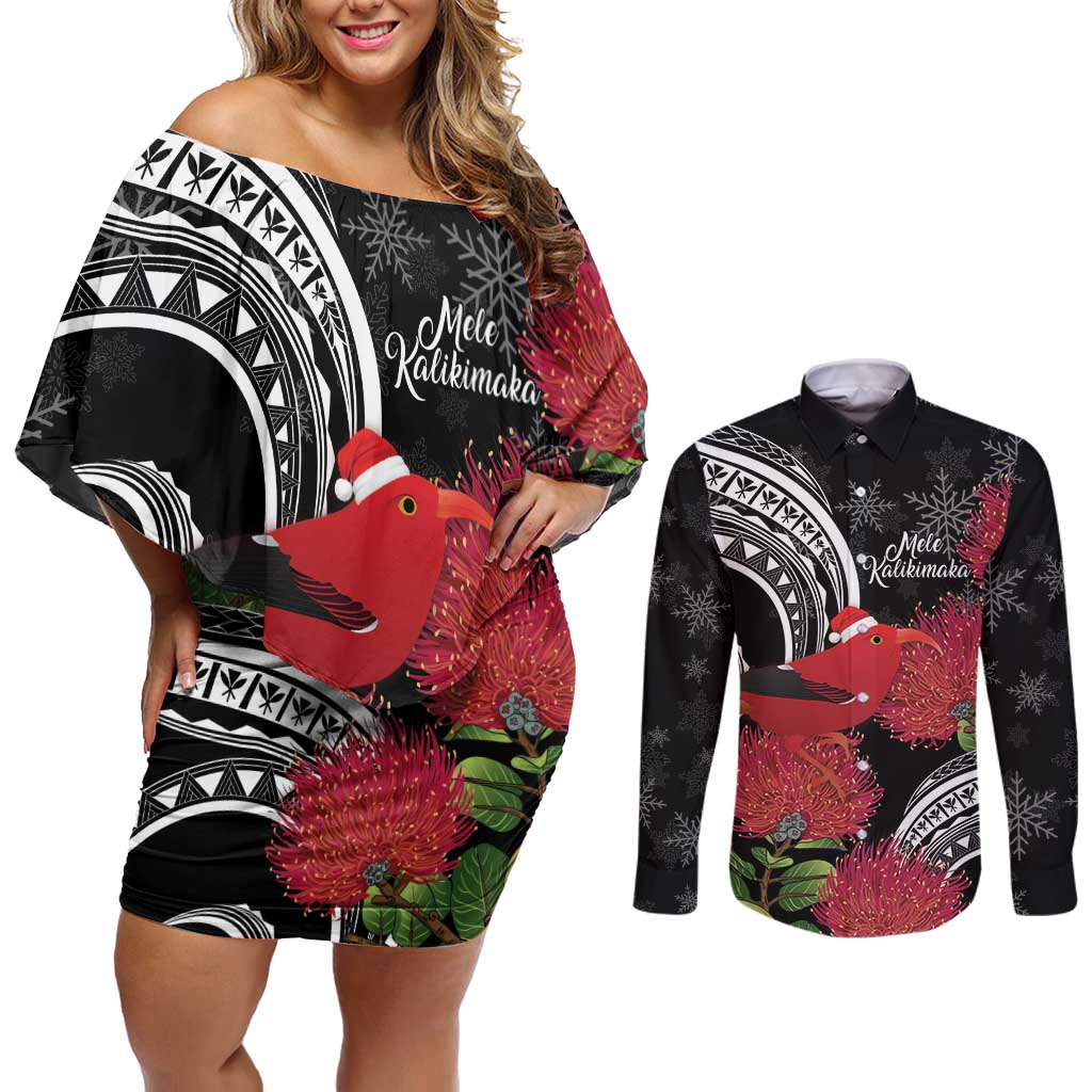 Personalized Mele Kalikimaka Hawaii Couples Matching Off Shoulder Short Dress and Long Sleeve Button Shirt I'iwi Bird With Ohia Lehua - Black Color LT14 Black - Polynesian Pride