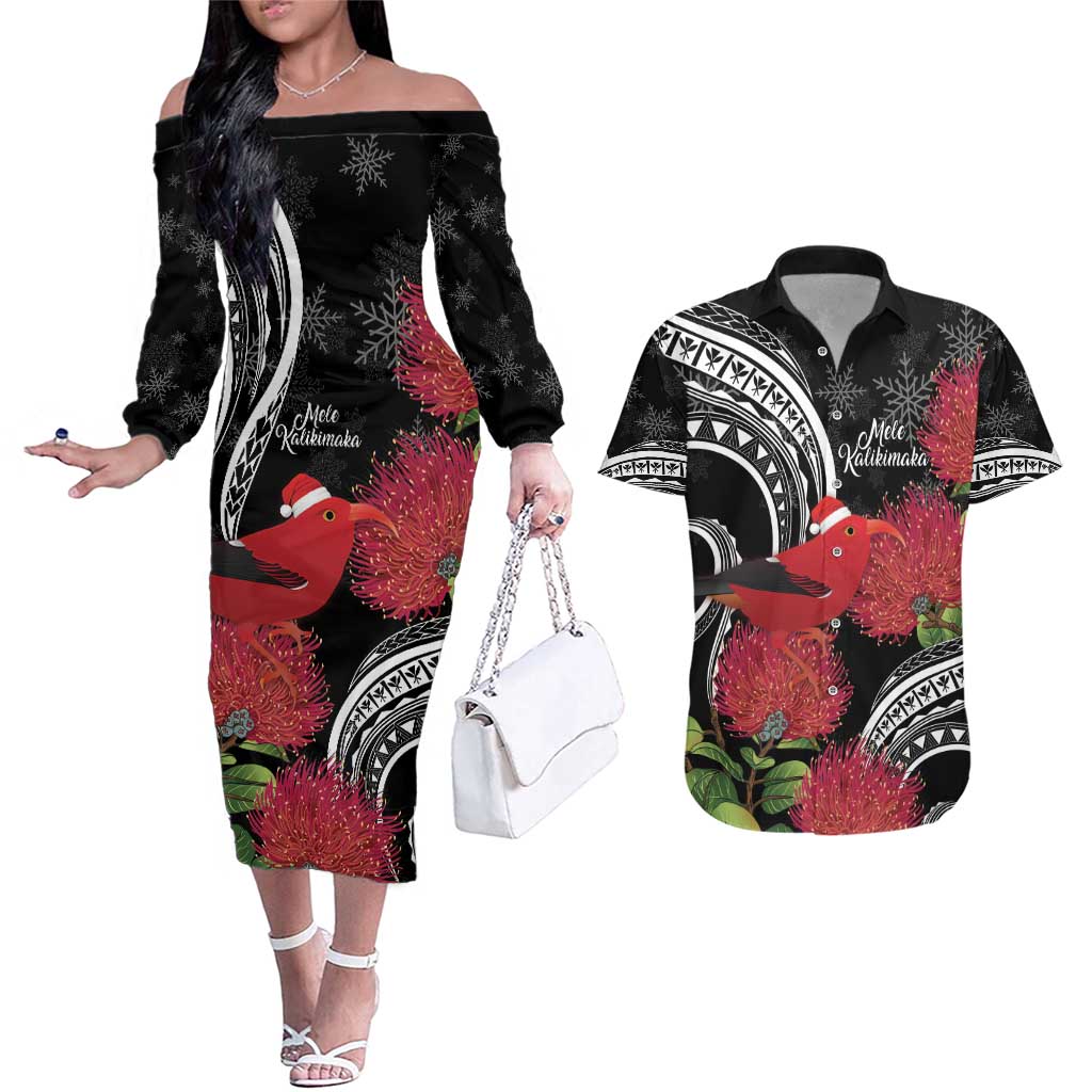 Personalized Mele Kalikimaka Hawaii Couples Matching Off The Shoulder Long Sleeve Dress and Hawaiian Shirt I'iwi Bird With Ohia Lehua - Black Color LT14 Black - Polynesian Pride