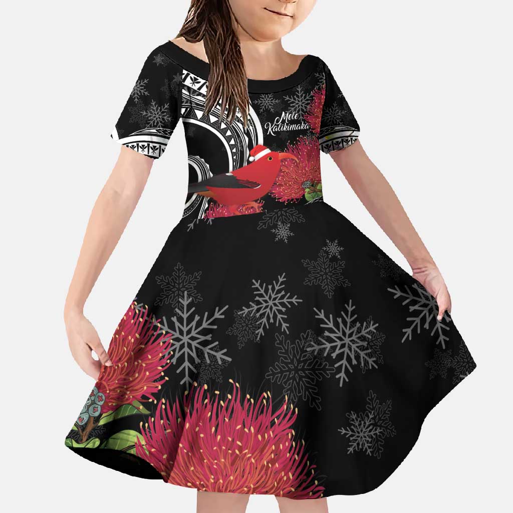 Personalized Mele Kalikimaka Hawaii Family Matching Mermaid Dress and Hawaiian Shirt I'iwi Bird With Ohia Lehua - Black Color LT14 Daughter's Dress Black - Polynesian Pride