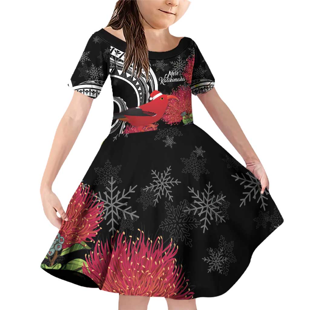Personalized Mele Kalikimaka Hawaii Family Matching Off Shoulder Short Dress and Hawaiian Shirt I'iwi Bird With Ohia Lehua - Black Color