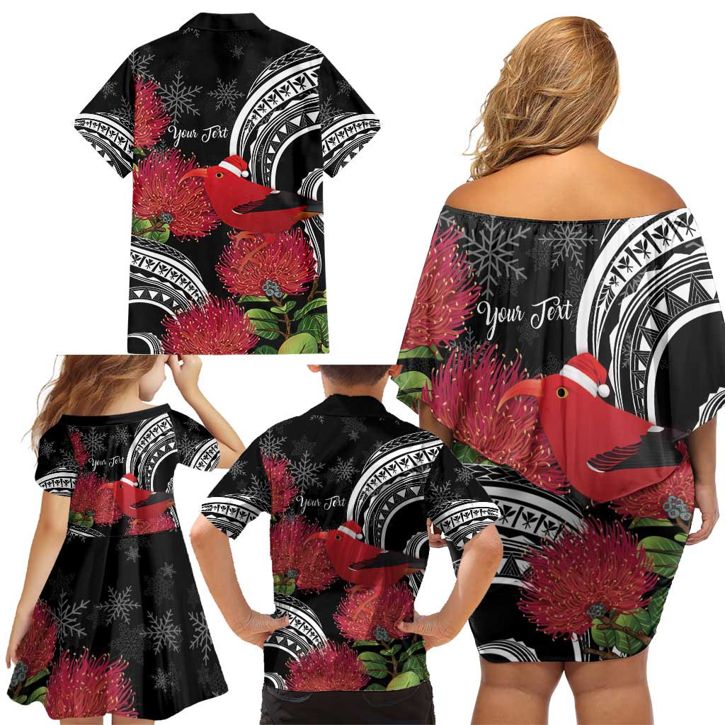 Personalized Mele Kalikimaka Hawaii Family Matching Off Shoulder Short Dress and Hawaiian Shirt I'iwi Bird With Ohia Lehua - Black Color