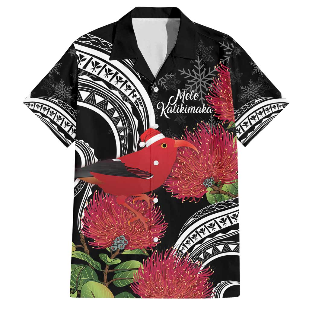 Personalized Mele Kalikimaka Hawaii Family Matching Off Shoulder Short Dress and Hawaiian Shirt I'iwi Bird With Ohia Lehua - Black Color