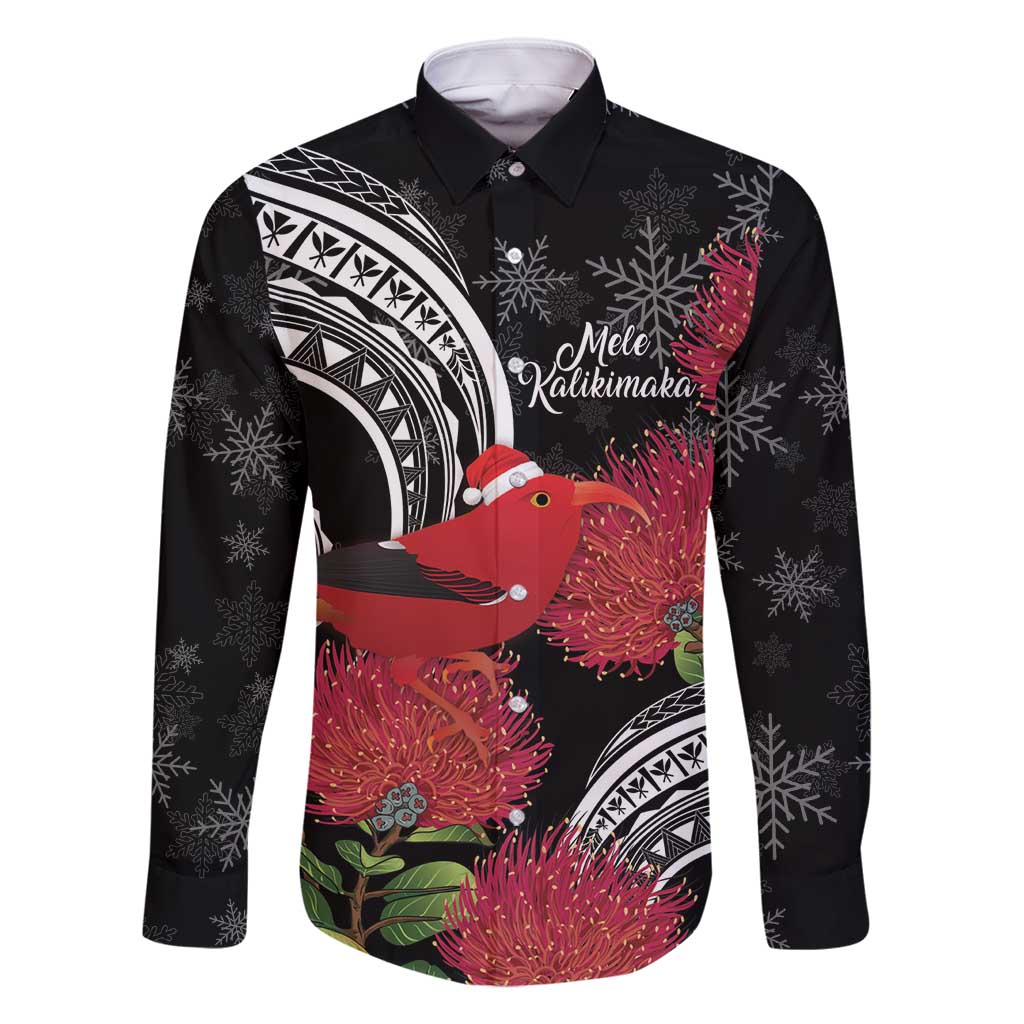Personalized Mele Kalikimaka Hawaii Family Matching Summer Maxi Dress and Hawaiian Shirt I'iwi Bird With Ohia Lehua - Black Color LT14 Dad's Shirt - Long Sleeve Black - Polynesian Pride