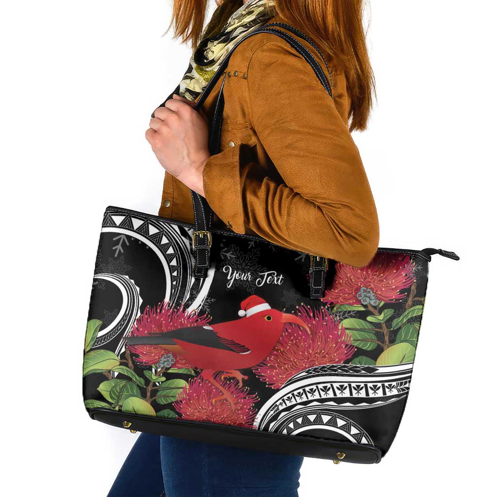 Personalized Mele Kalikimaka Hawaii Leather Tote Bag I'iwi Bird With Ohia Lehua - Black Color LT14 Black - Polynesian Pride
