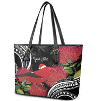 Personalized Mele Kalikimaka Hawaii Leather Tote Bag I'iwi Bird With Ohia Lehua - Black Color